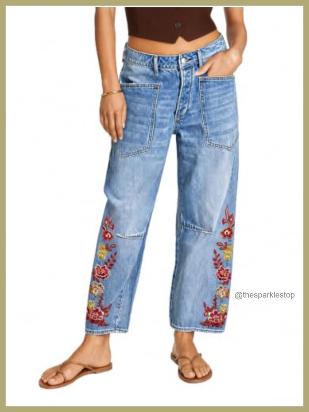 Women's Floral Embroidered Barrel Leg Cropped Jeans Mid Rise Stretch Denim
